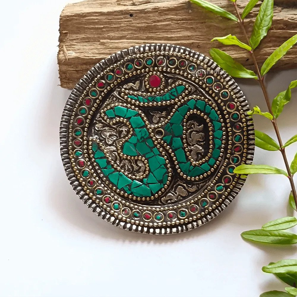 OM Aum Incense Stand With Green Turquoise Tibetan Stone